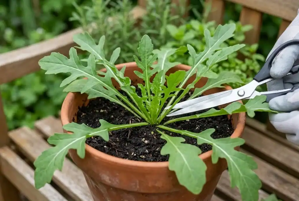 Kitchen shears cutting outer rocket leaves above the soil while preserving the central crown
