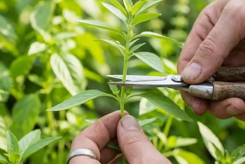 Gardener using sharp pruning shears to cut a lemon basil stem above a leaf node