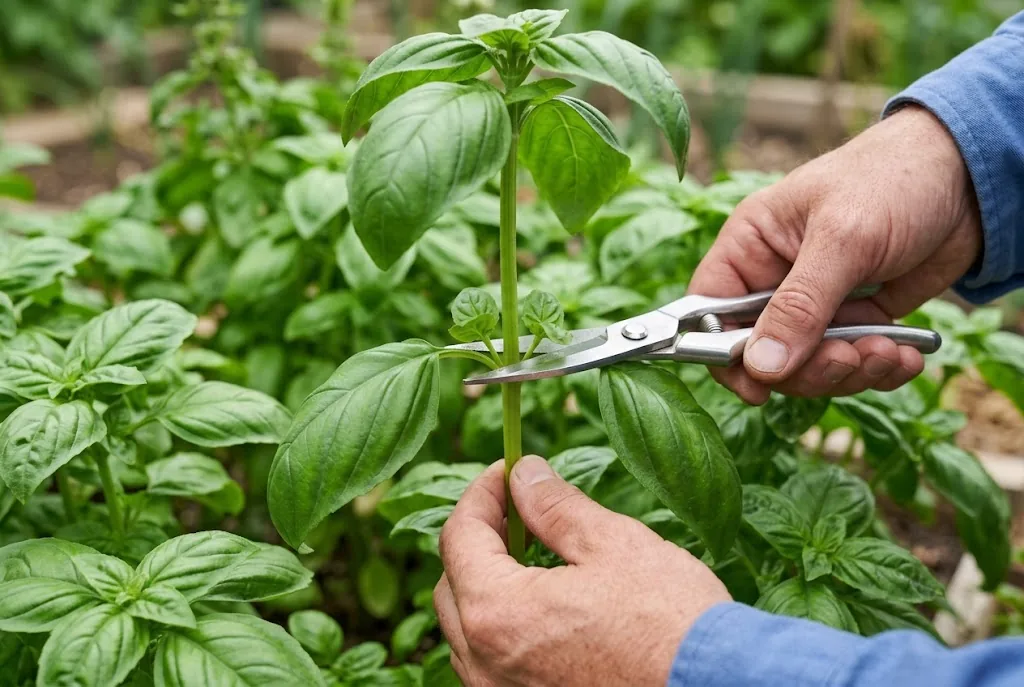 Trimming sweet basil stem above a leaf node with pruning shears