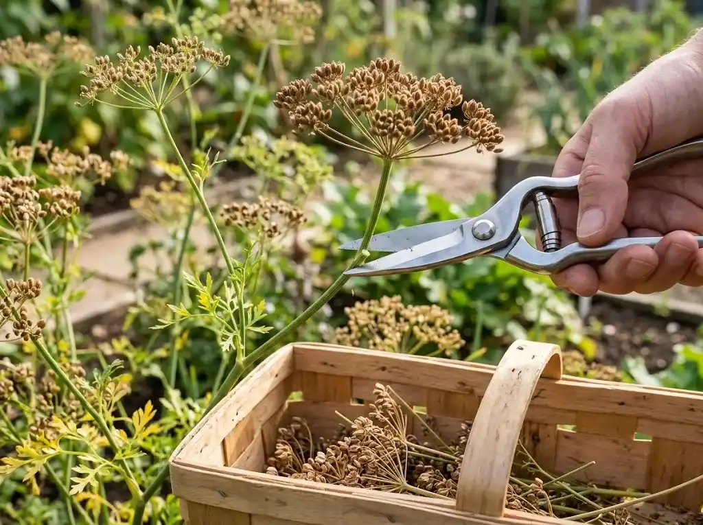 Garden shears cutting an anise stem several inches below the ripe seed head