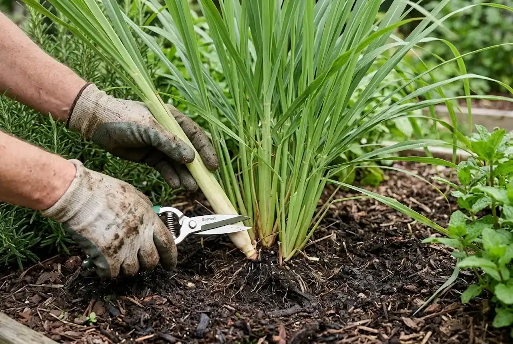 Clean garden snips cutting a mature outer lemongrass stem close to the soil while center shoots remain intact
