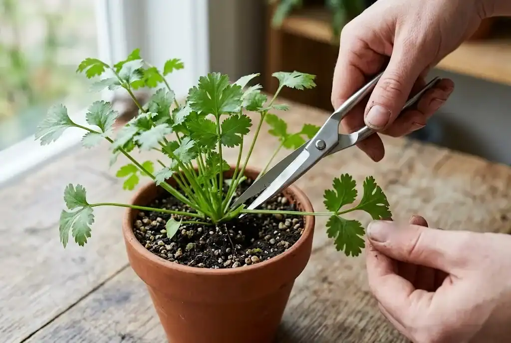 Clean herb snips cutting a single outer stem of a cilantro plant above the soil