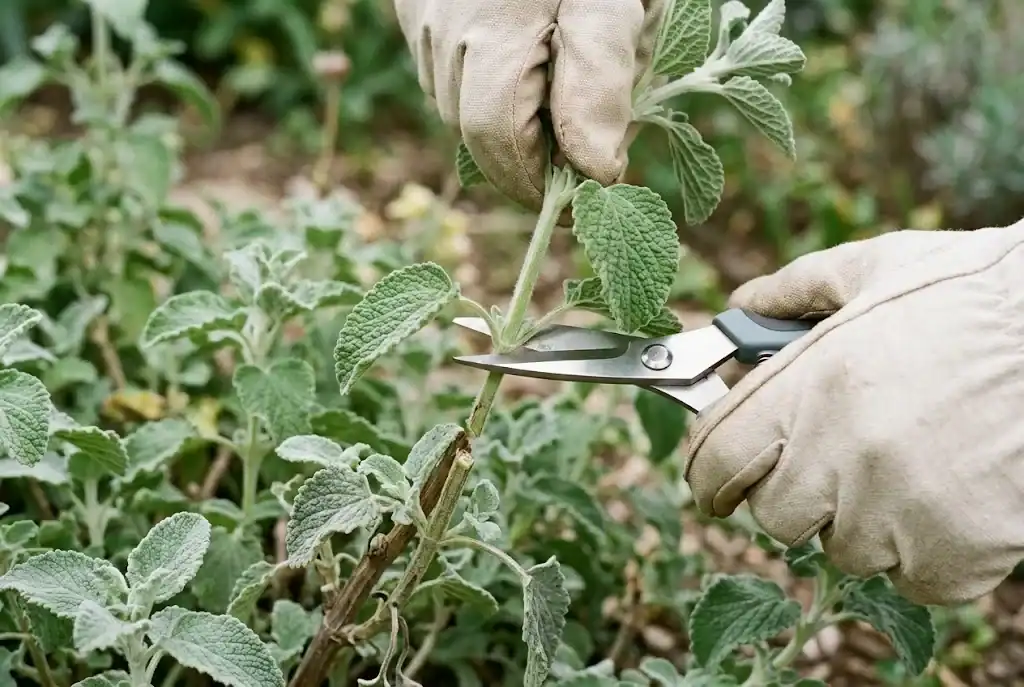 Clean pruning snips making an angled cut above a leaf node on a tender horehound stem