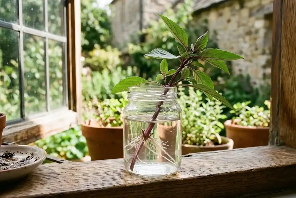 Thai basil stem cutting developing white roots in a clear glass jar of water on a sunny wooden windowsill