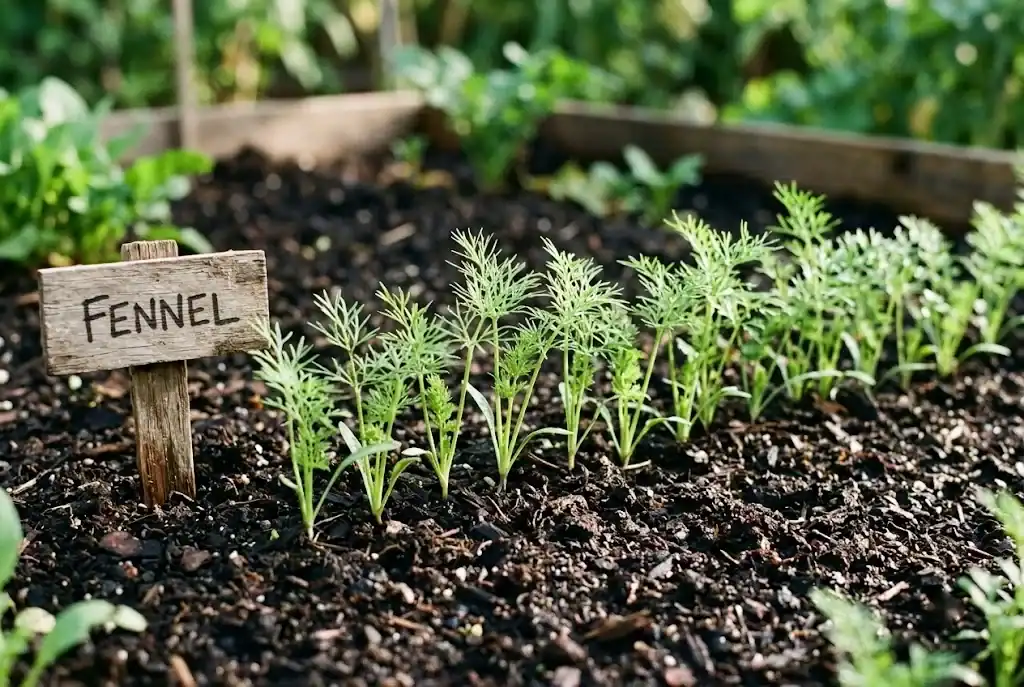 Young green fennel seedlings emerging in neat rows in dark compost-rich garden soil