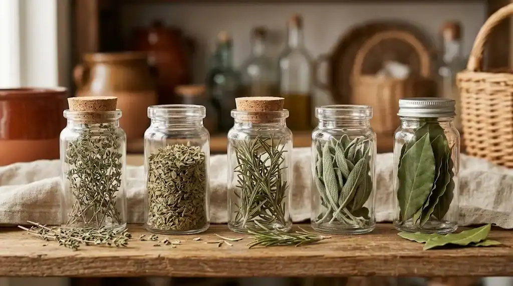 Small glass jars of dried Mediterranean herbs including thyme, oregano, rosemary, sage, and bay leaves on a wooden pantry shelf