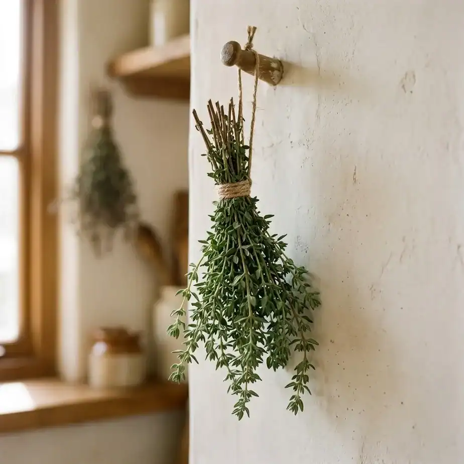 A small bundle of thyme stems tied with kitchen twine hanging upside down from a simple wooden hook on a pale plaster wall