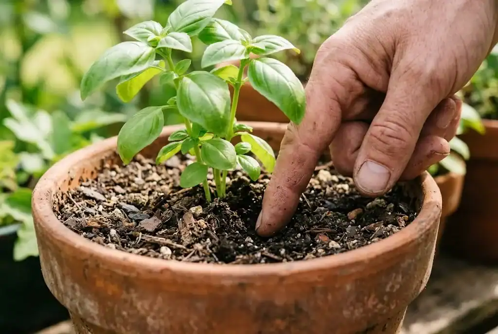 Close-up of a finger pressing into the surface of the potting mix in a terracotta basil pot to test moisture