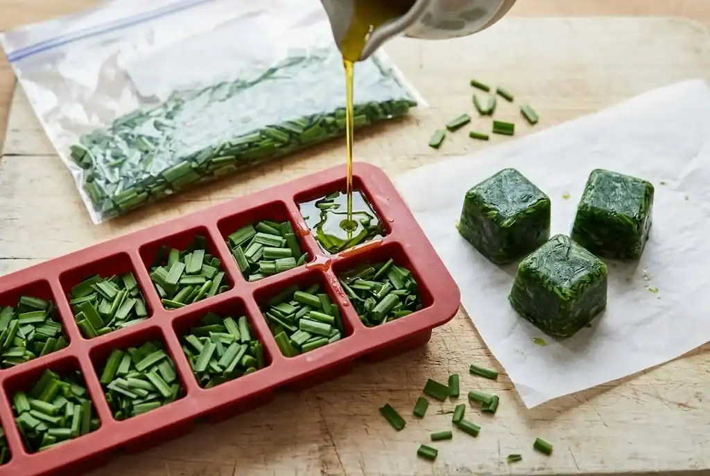 Silicone ice cube tray being filled with chopped garlic chives and olive oil, beside frozen cubes
