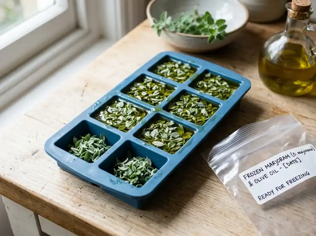 An ice cube tray with chopped marjoram leaves suspended in olive oil next to an empty freezer bag