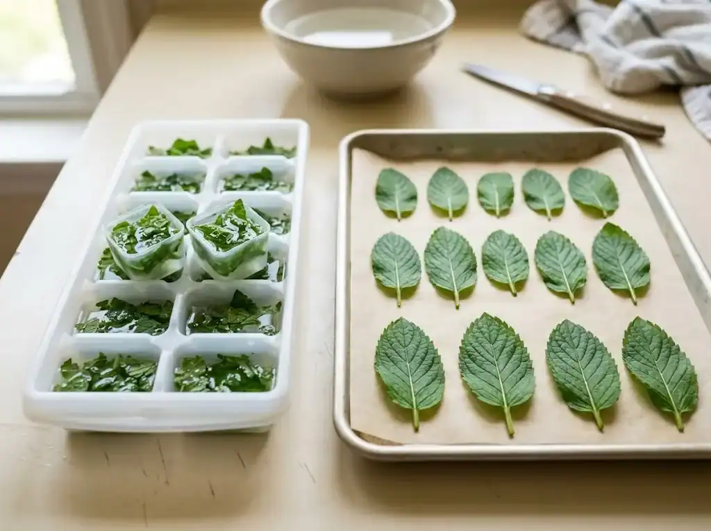 An ice cube tray of chopped spearmint with water beside a parchment-lined sheet of whole leaves laid out to freeze
