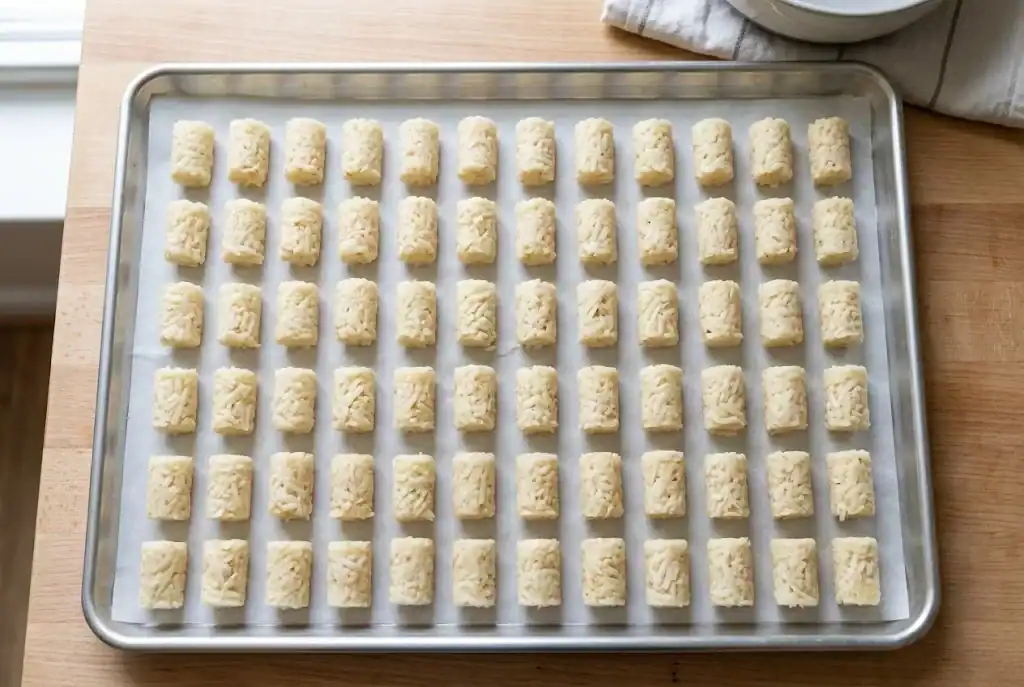 Homemade tater tot cylinders arranged on a parchment-lined baking sheet for flash freezing