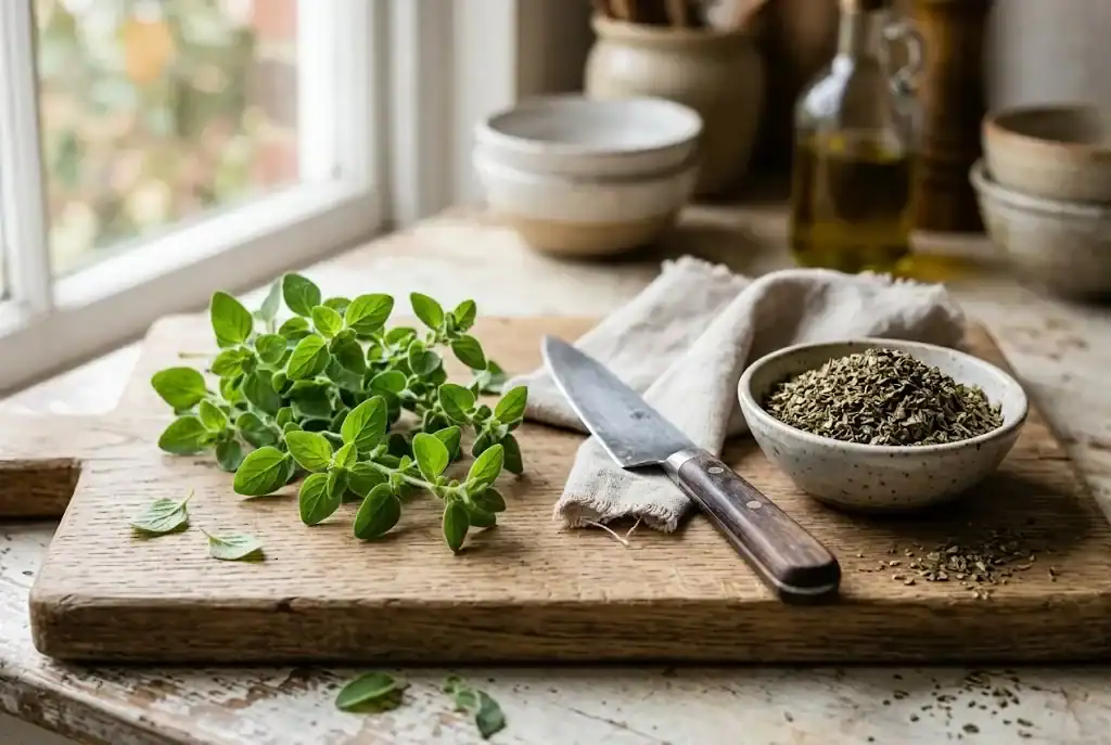 Fresh oregano sprigs beside a small bowl of dried oregano leaves on a wooden board