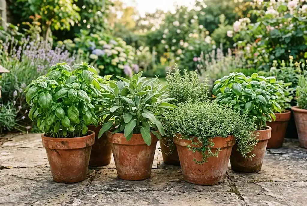 Lush sweet basil, garden sage, and creeping thyme growing in terracotta pots on a sunlit outdoor patio