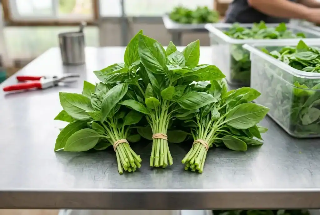 Freshly cut sweet basil stems neatly bundled with rubber bands on a clean packing table