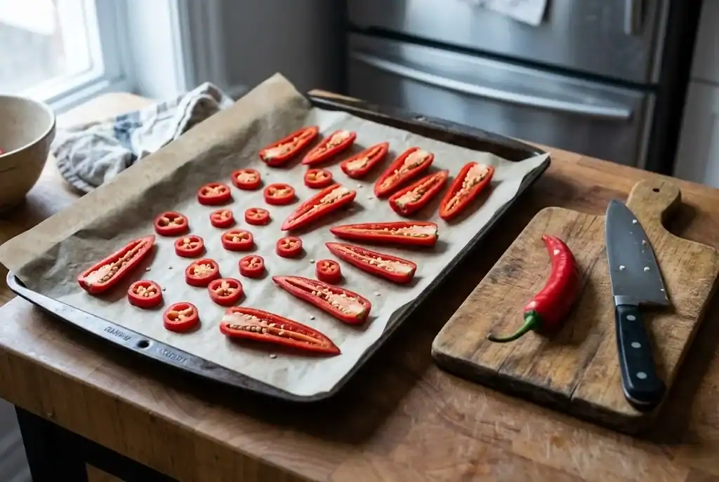 Sliced red chili peppers spread on a baking tray before going into the freezer