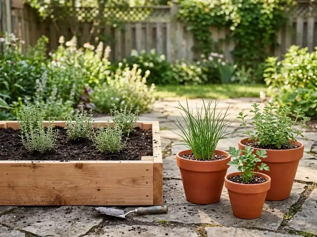Side by side: a low cedar raised bed freshly filled with thyme and three terracotta pots of oregano, chives, and flat-leaf parsley