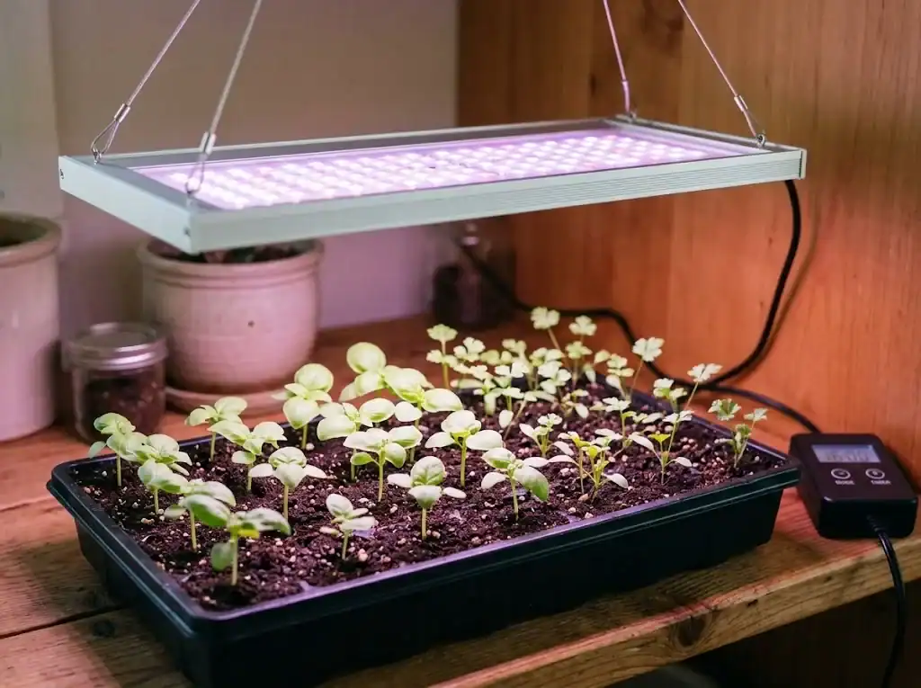 A full-spectrum grow light suspended above a tray of small basil and parsley seedlings on a home shelf