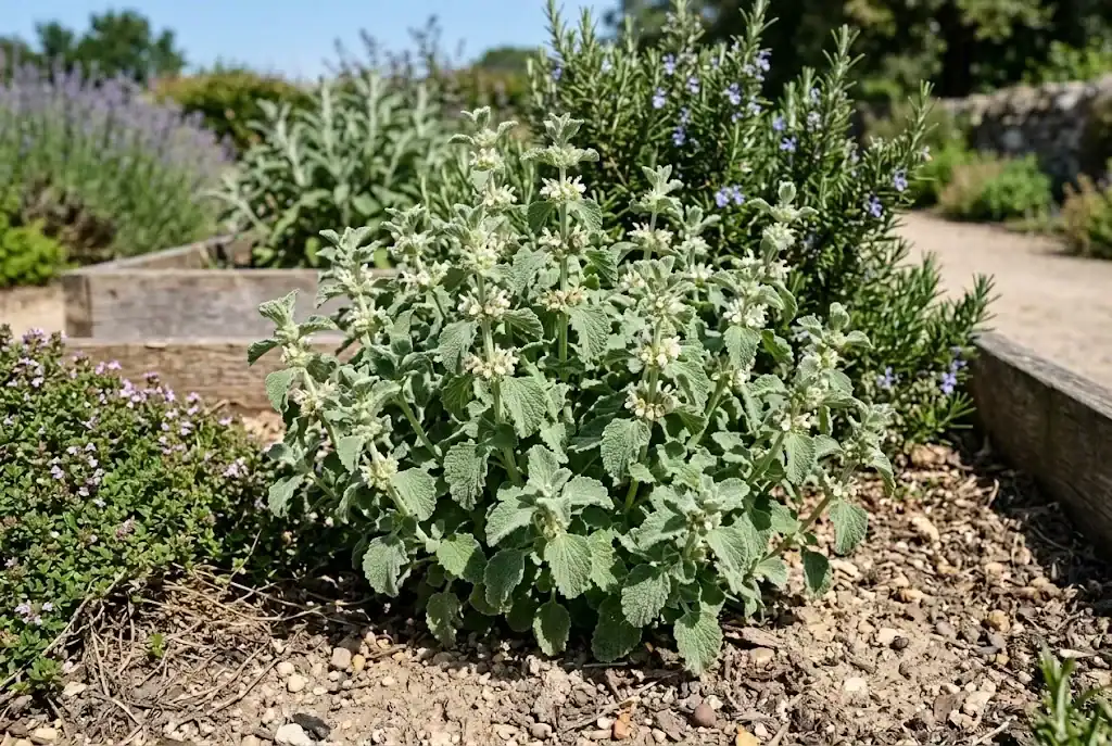 Bushy horehound perennial growing in a sunny, well-drained outdoor garden bed
