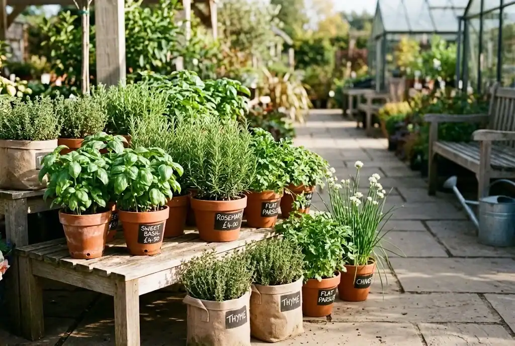 A sunny container garden with basil, rosemary, thyme, parsley, and chives