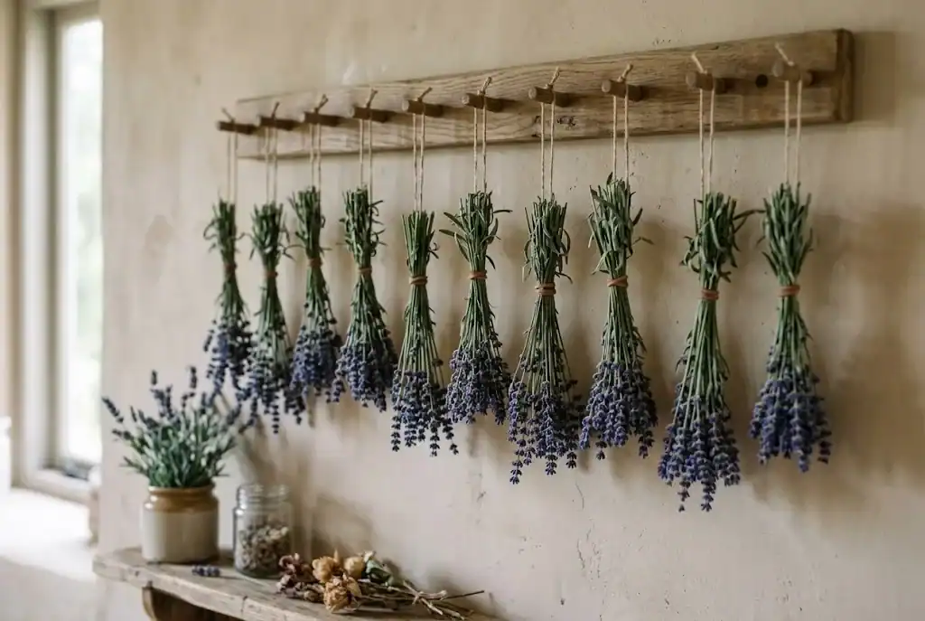 Small bundles of lavender stems hanging upside down from a wooden drying rack secured with rubber bands