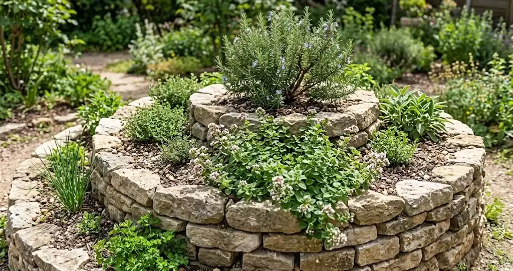 Multi-tiered dry-stack stone herb spiral showcasing sharp drainage with rosemary at the dry summit and cascading oregano below