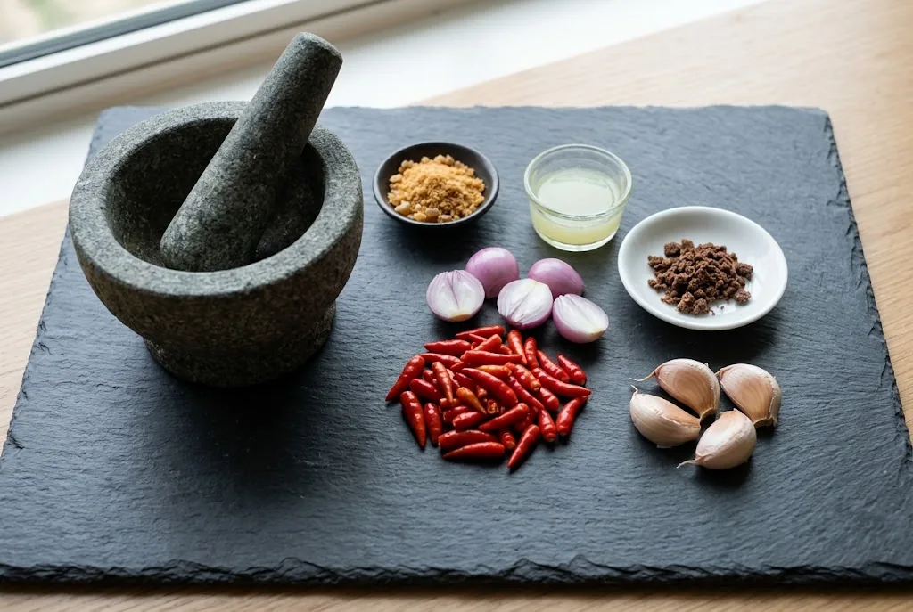 A matte slate slab holding chopped red bird's eye chilies, halved shallots, garlic cloves, a small white saucer of toasted shrimp paste, a glass ramekin of lime juice, palm sugar crystals, and a heavy stone mortar with pestle beside