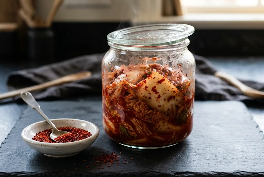 Glass jar of fermenting napa cabbage kimchi with visible gochugaru flakes between leaves beside a small dish of flakes