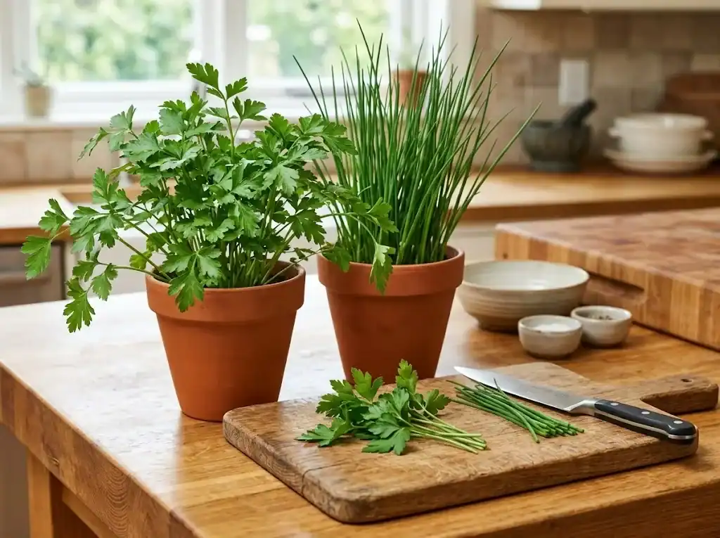 Potted flat-leaf parsley and fresh chives arranged on a kitchen island beside a cutting board