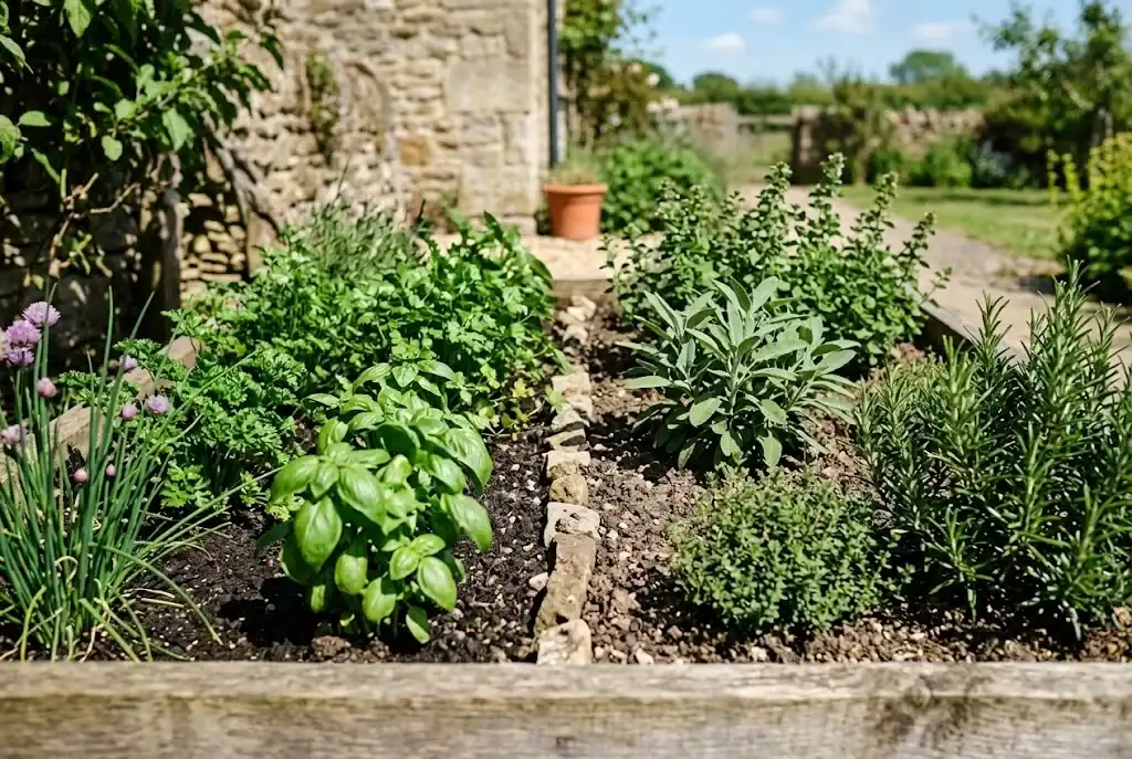 A raised herb bed divided into dry Mediterranean herbs and moister leafy herbs