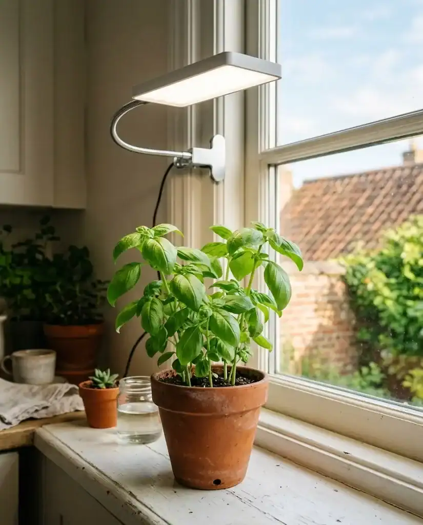 A young basil plant under a small LED grow light clamped above a kitchen windowsill