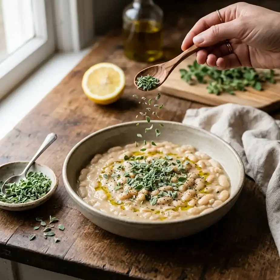 A wooden spoon sprinkling finely chopped fresh sweet marjoram leaves over a bowl of creamy white beans glistening with olive oil
