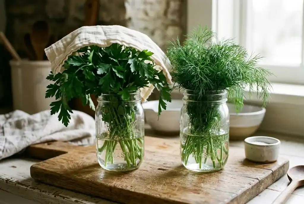 Two glass mason jars holding fresh flat-leaf parsley and dill bouquets with stems resting in water on a wooden board