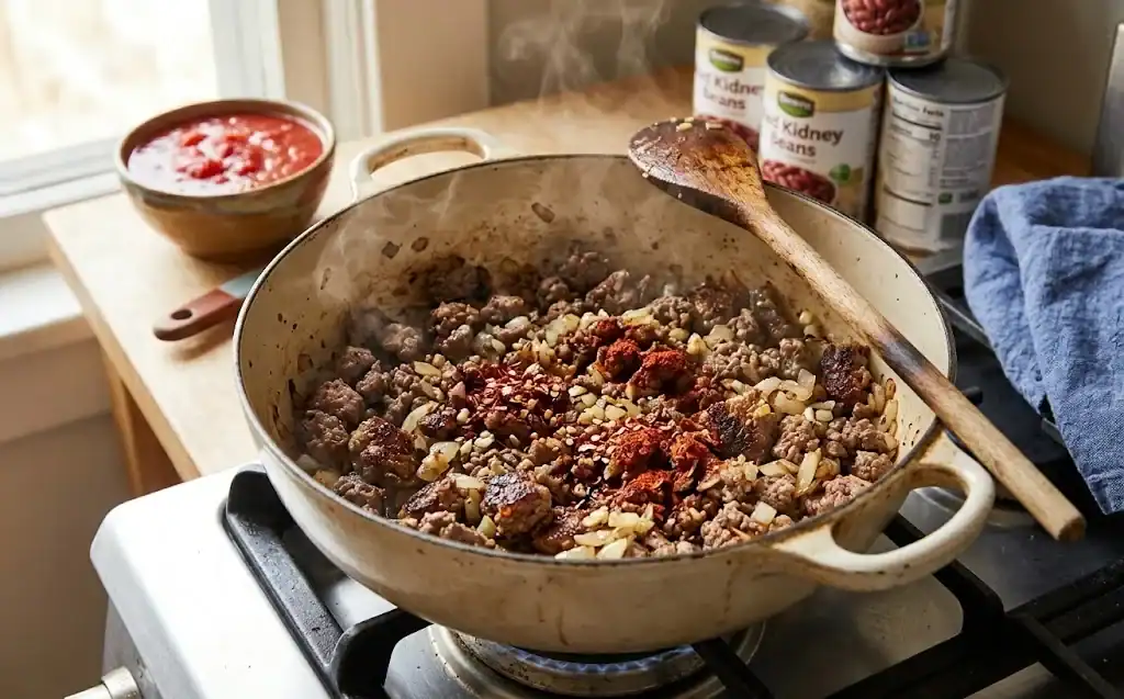 Ground beef and onions searing in a heavy Dutch oven on the stove with chili powder scattered on top