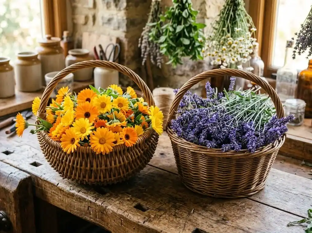 Harvest baskets filled with bright orange calendula blossoms and English lavender spikes