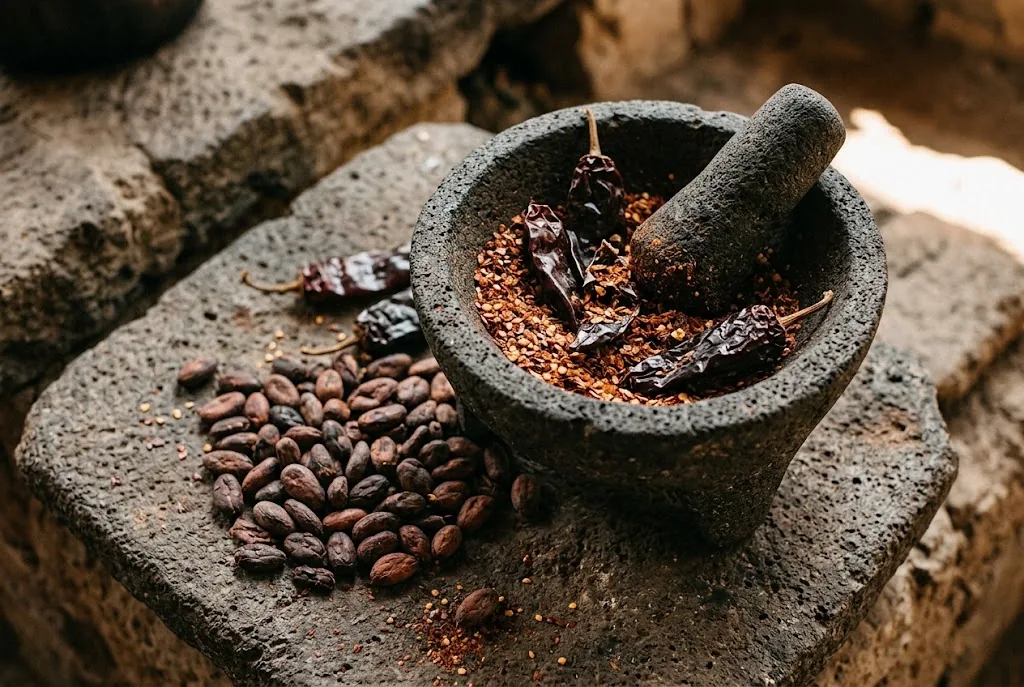 Volcanic basalt molcajete holding ground red chili flakes with dried ancho pods and roasted cacao beans nearby