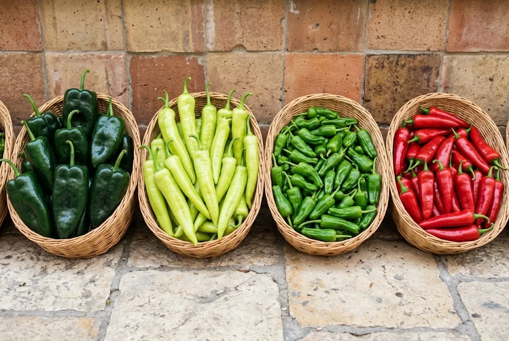 Fresh mild and medium chili peppers including poblanos, anaheims, and padrón peppers in woven harvest baskets