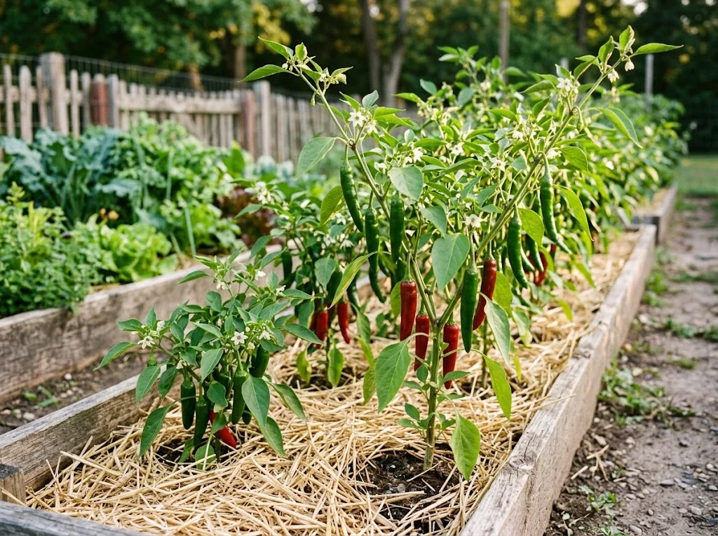 Low-angle view along a row of mature chili plants in a raised bed, each stem ringed with a visible layer of straw mulch pulled back from the collar