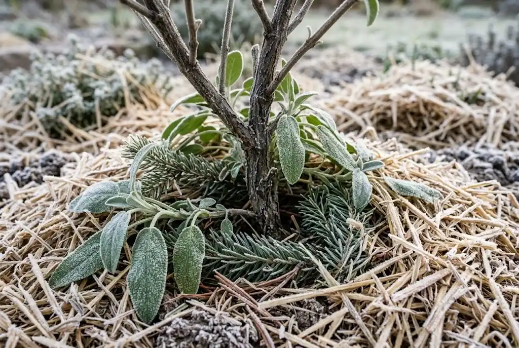 Close-up of a sage plant base ringed with straw mulch and evergreen boughs, light frost on the pebbled silver-green leaves