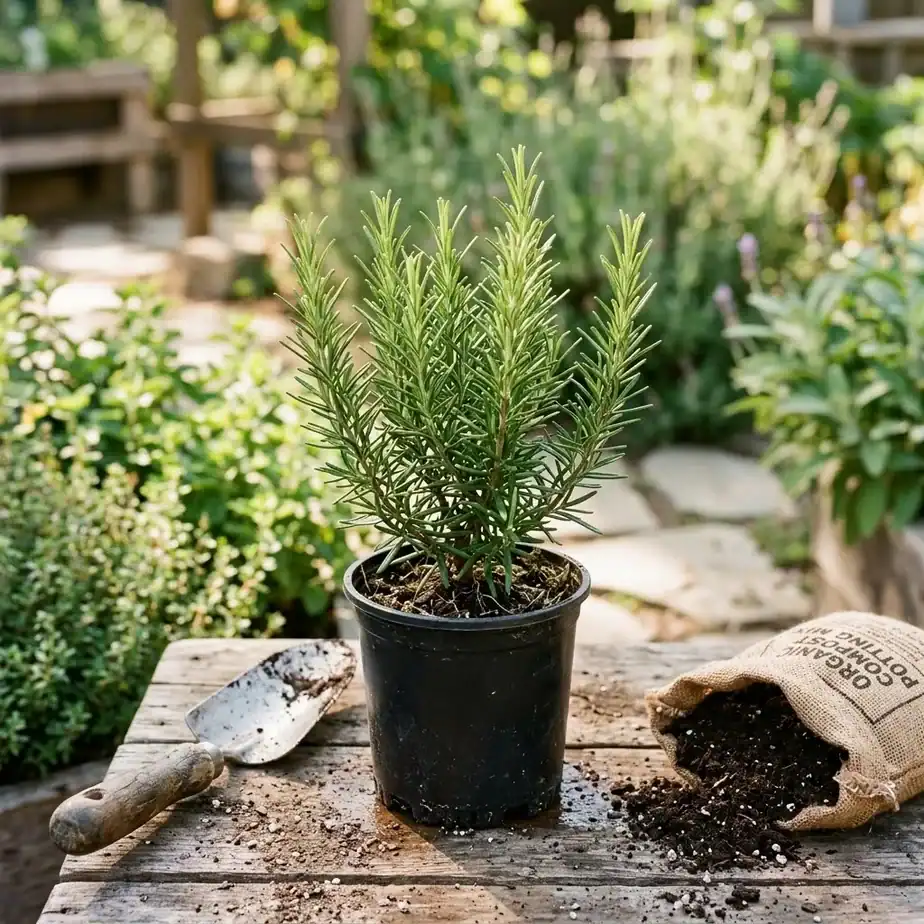 A small nursery rosemary plant in a 4 inch pot on a wooden potting bench, ready for transplanting