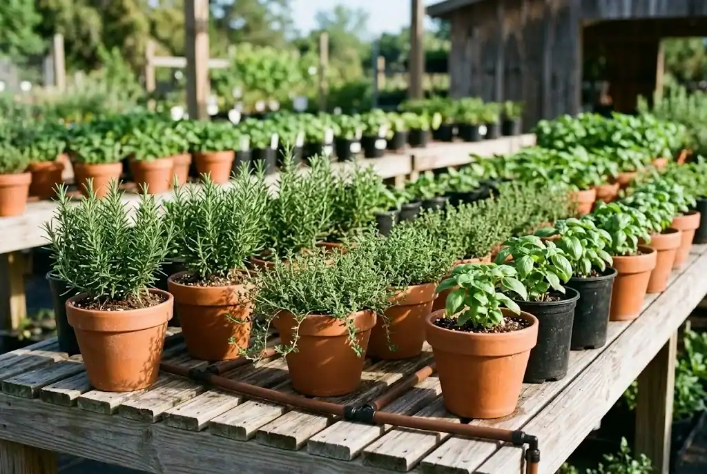 Potted rosemary, creeping thyme, and sweet basil seedlings arranged in neat nursery rows with drip irrigation