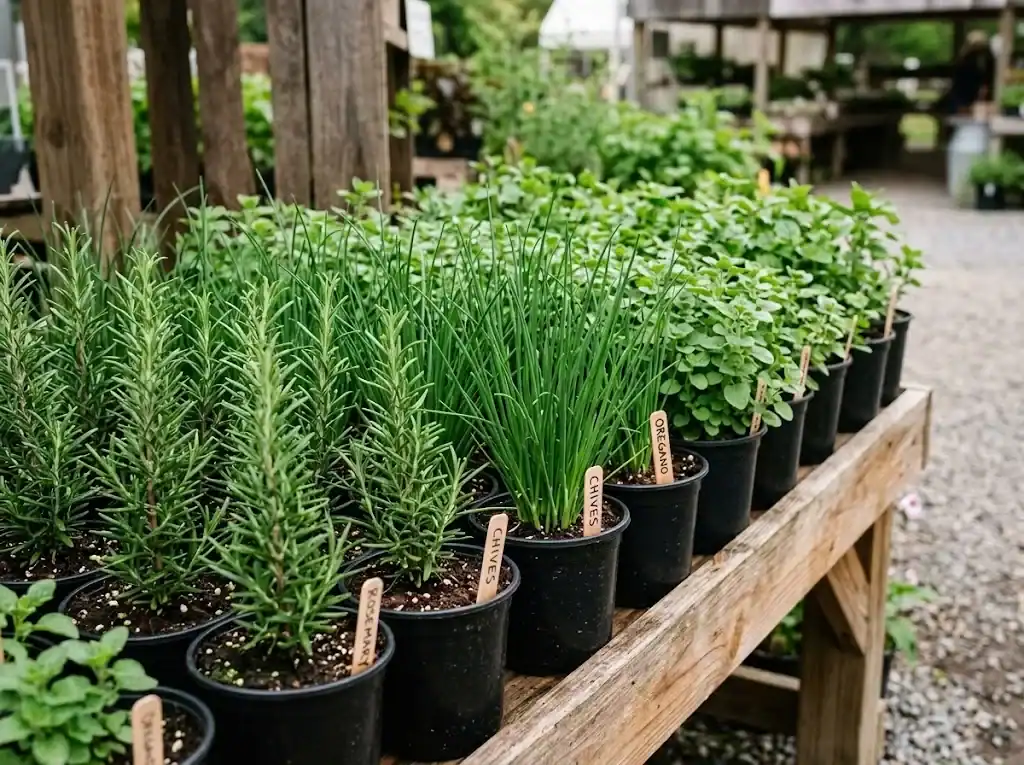 Potted herb nursery starts including rosemary and chives arranged on an outdoor farm stand bench