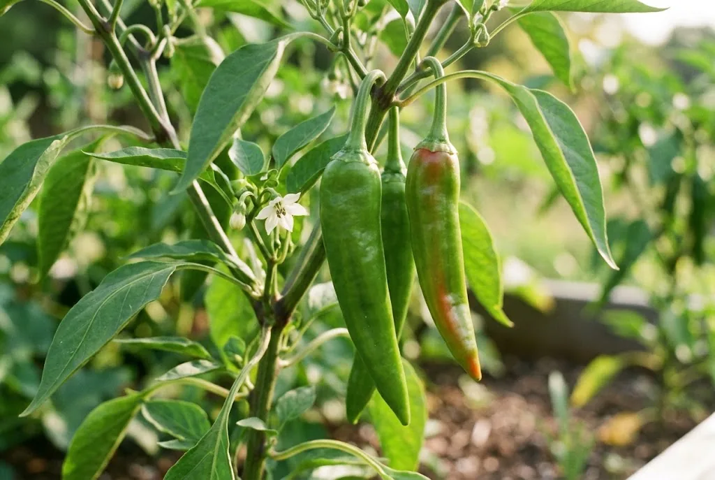 Two mature light green Anaheim pepper pods hanging from a living Capsicum annuum branch with leaves and a small white flower bud