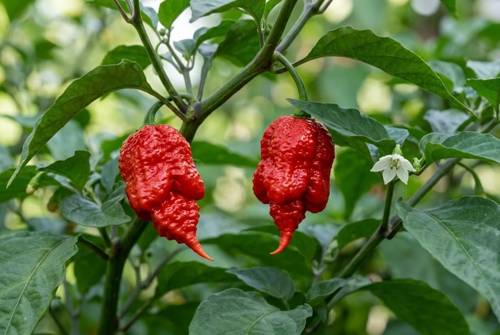 Close-up macro view of two ripe red Trinidad Scorpion peppers on the plant displaying rough wrinkled skin and pointed scorpion stingers