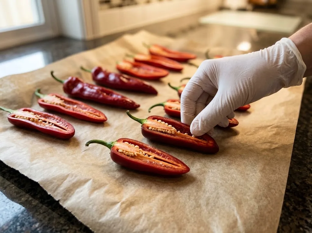Gloved hand placing halved red jalapeño and Fresno peppers cut-side up on parchment paper ready for oven drying
