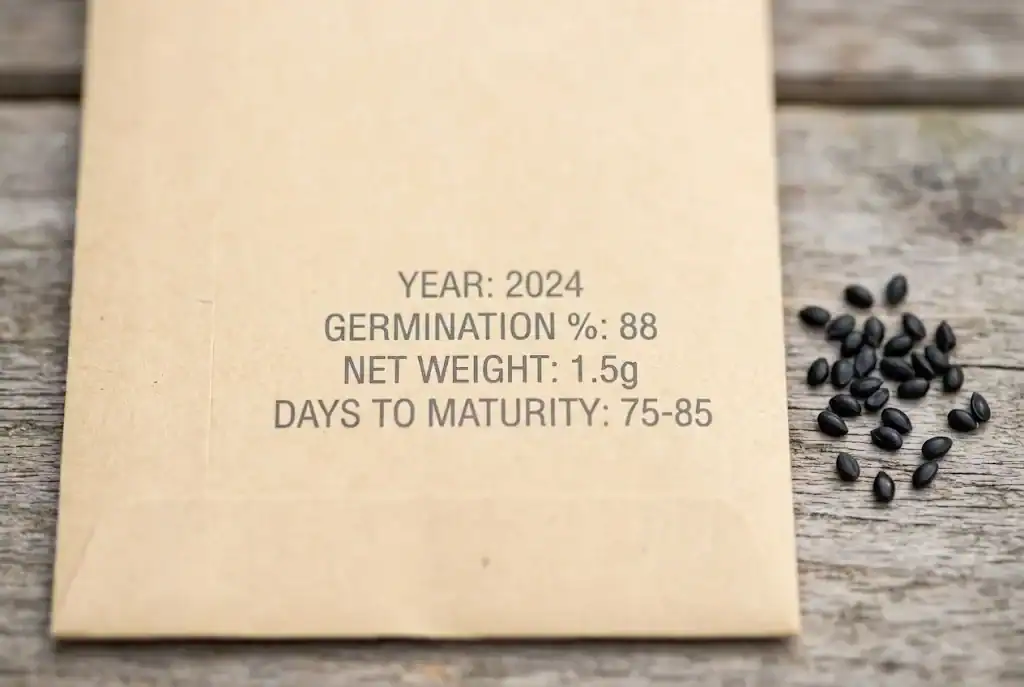An extreme close-up of a seed packet's reverse panel showing the year, germination rate, count, and days to maturity lines next to a few loose basil and parsley seeds.