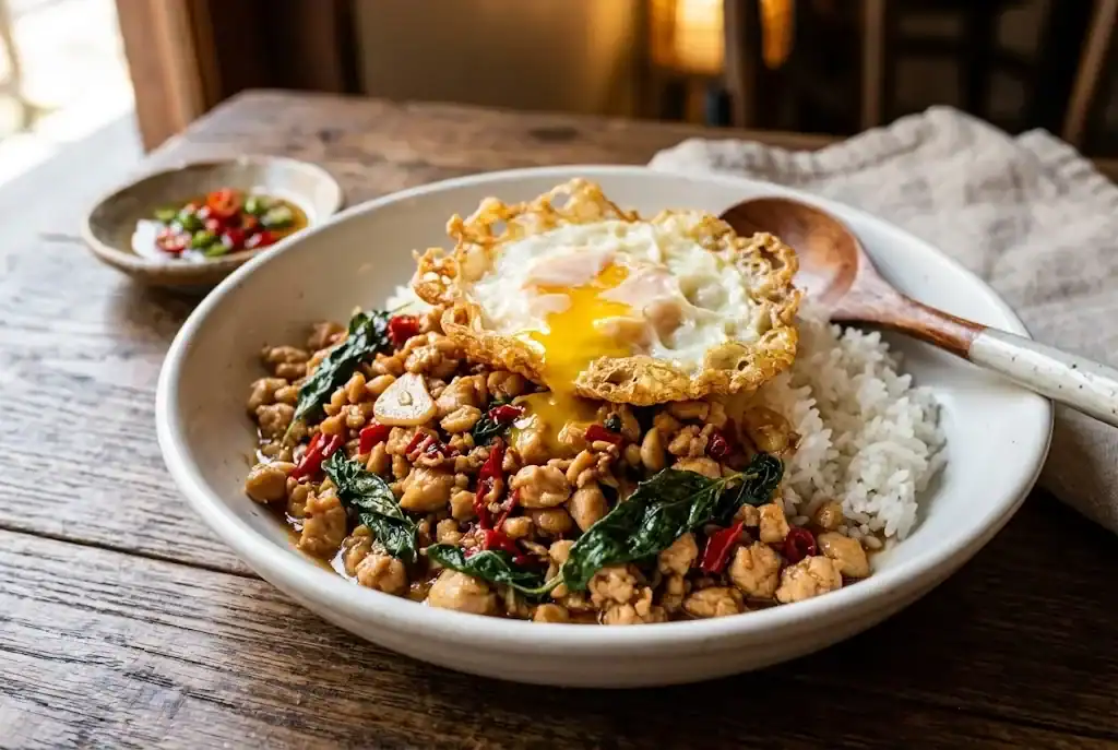 Spicy Thai holy basil chicken pad kra pao gai with minced chicken, red chilies, and a crispy fried egg over jasmine rice