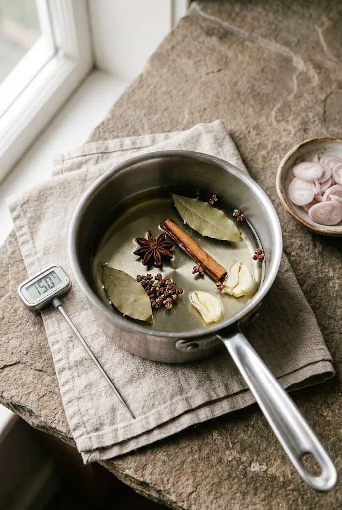 Small stainless saucepan of neutral oil with star anise cinnamon stick bay leaves Sichuan peppercorns smashed garlic and sliced shallot ready for the slow infusion step beside a stainless cooking thermometer on folded linen and stone
