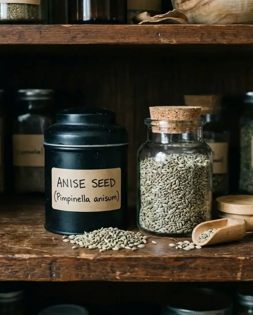 Sealed culinary anise seed stored in a dark pantry beside an opaque spice tin
