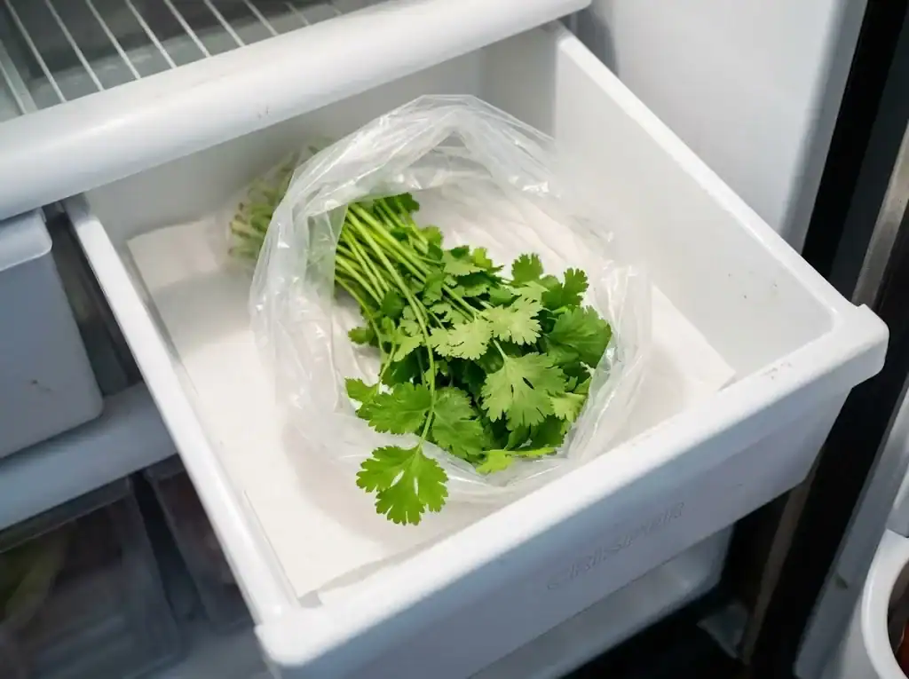 Bunch of cilantro wrapped in a paper towel inside a clear produce bag in a refrigerator crisper drawer